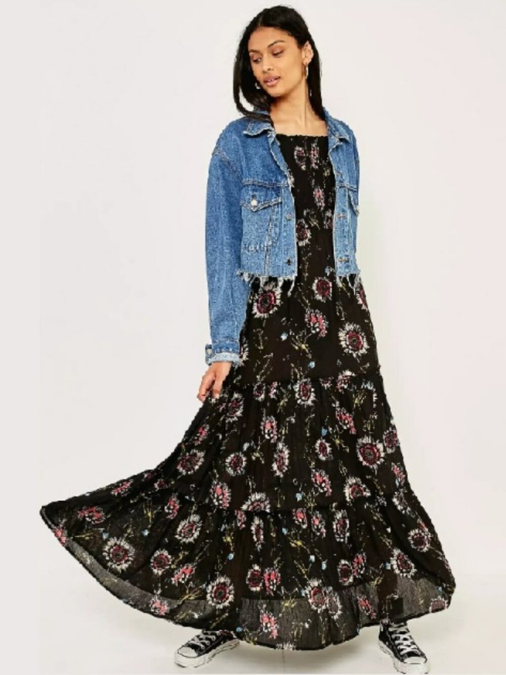Free People Intimately Black Boho Floral Garden Party Maxi Dress Sz M